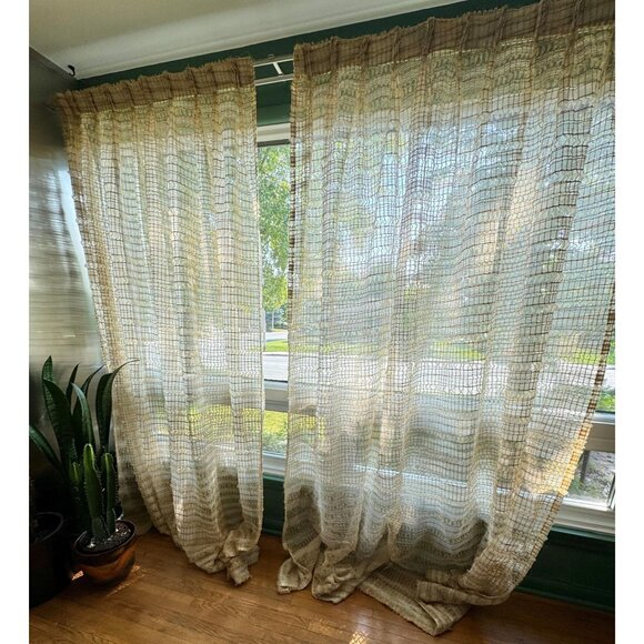 Vintage 70s net woven curtain, long cream & brown mesh, single pleated panel - Picture 2 of 6